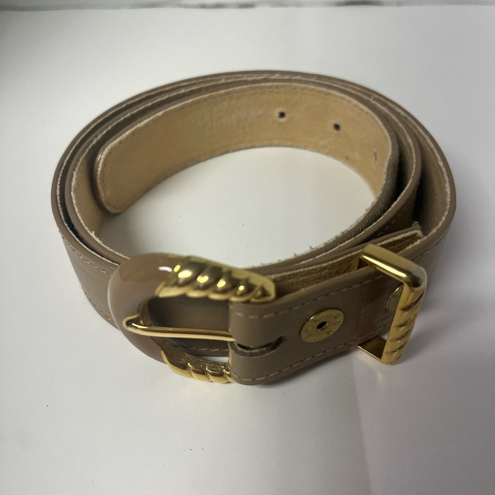 Vintage St. John Beige Patent Leather Belt Gold & Enamel Buckle Sz Sm (30”)